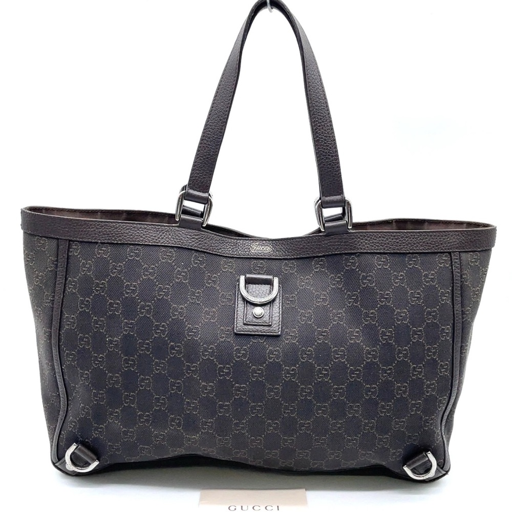 Authentic Gucci GG Brown Canvas and Black Leather Tote Bag